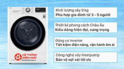Máy sấy bơm nhiệt LG 9 kg DVHP09W